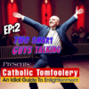 "Hosts Navi㆔◎ and Capi Tahn recording Episode 2 of 'Catholic Tomfoolery: An Idiot's Guide to Enlightenment', a podcast that combines humor and deep insights into Catholicism for a unique spiritual journey."