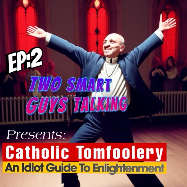 "Hosts Navi㆔◎ and Capi Tahn recording Episode 2 of 'Catholic Tomfoolery: An Idiot's Guide to Enlightenment', a podcast that combines humor and deep insights into Catholicism for a unique spiritual journey."